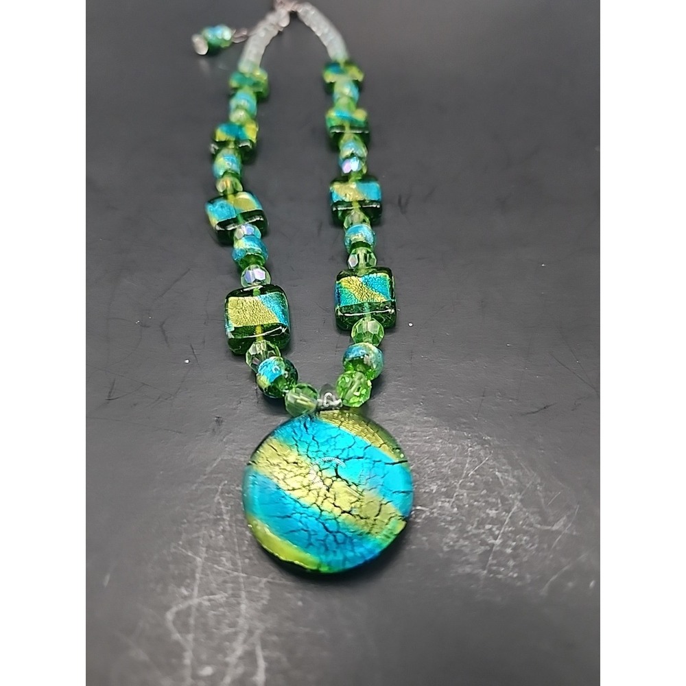 Vintage Handcrafted Art Glass Beaded Necklace Green, Blue, Metallic Foil 21" - Picture 11 of 16
